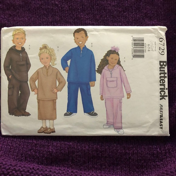 Butterick Sewing pattern 6729 Childrens sweatshirt hoodie skirt pants sz 6 7 8 - Picture 1 of 8